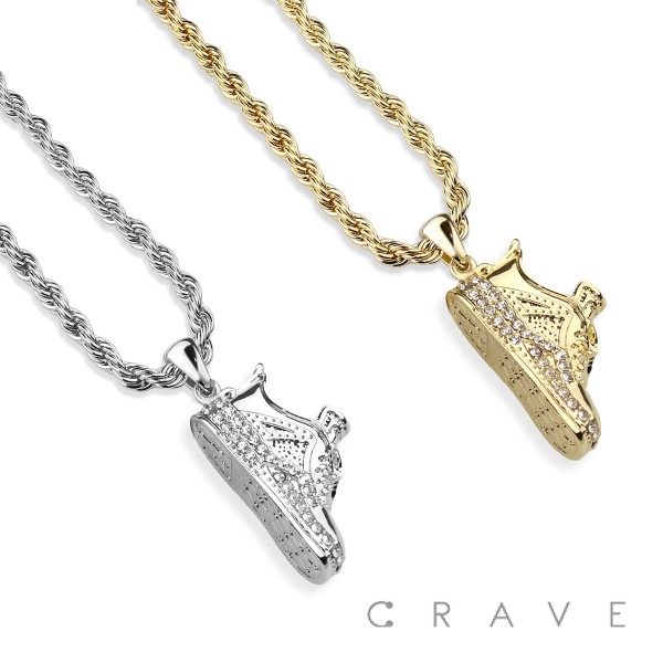 CUBIC ZIRCONIA STUDDED GOLD-PLATED SHOE BLING HIP-HOP PENDANT NECKLACE