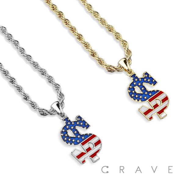 AMERICAN FLAG ON US DOLLAR HIP-HOP PENDANT NECKLACE