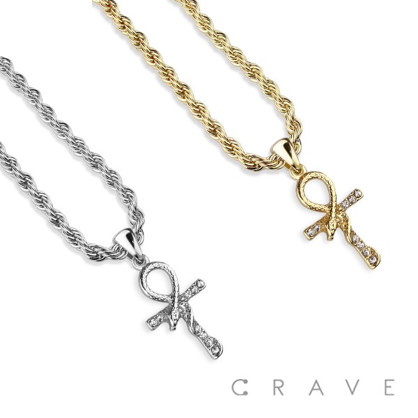 CUBIC ZIRCONIA STUDDED SNAKE AND CROSS KEY OF LIFE BLING HIP-HOP PENDANT NECKLACE