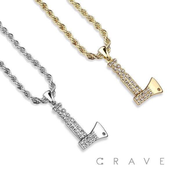 CUBIC ZIRCONIA STUDDED HATCHET BLING HIP-HOP PENDANT NECKLACE