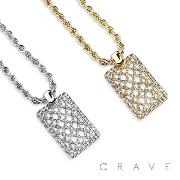 CUBIC ZIRCONIA STUDDED GOLD-PLATED MESH DOG TAG BLING HIP-HOP PENDANT NECKLACE