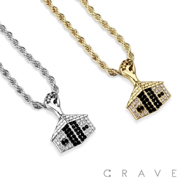 CUBIC ZIRCONIA STUDDED GOLD PLATED HOUSE BLING HIP-HOP PENDANT NECKLACE