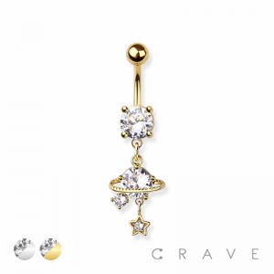 316L SURGICAL STEEL CZ PLANET STAR DANGLE BELLY BUTTON NAVEL RING 
