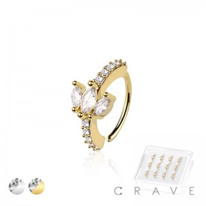 12PCS OF CZ TRIPLE MARQUISE LEAF FAN 316L SURGICAL STEEL HOOP NOSE RING