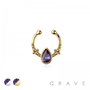 BRASS FAKE SEPTUM/HORSESHOE WITH PURPLE CZ DROP SHAPE