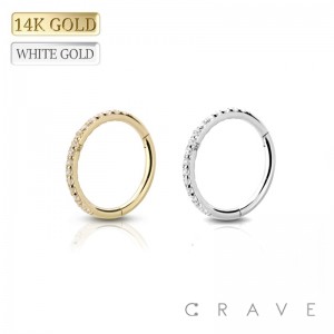 14Kt Gold SIDE GEM PAVED FRONT HINGED SEGMENT RING FOR SEPTUM, HELIX, TRAGUS, CAPTIVE