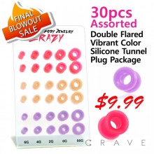 30PCS OF ASSORTED DOUBLE FLARED VIBRANT COLOR SILICONE TUNNEL PLUG PACKAGE