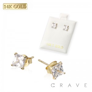 PAIR OF 14Kt GOLD PRONG SQUARE CZ STUD EARRINGS