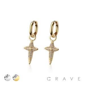 PAIR OF 316L STAINLESS STEEL HUGGIE/HOOP EARRINGS WITH FOUR-POINTED STAR DANGLE