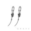 PAIR OF 316L STAINLESS STEEL HUGGIE/HOOP EARRINGS WITH SKULL WITH POINTED CLAW STEEL DANGLE