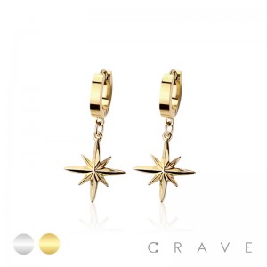 PAIR OF 316L STAINLESS STEEL HUGGIE/HOOP EARRINGS WITH NORTH STAR DANGLE