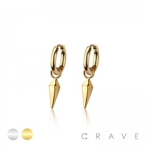 PAIR OF 316L STAINLESS STEEL HUGGIE/HOOP EARRINGS WITH CONE SPIKE DANGLE