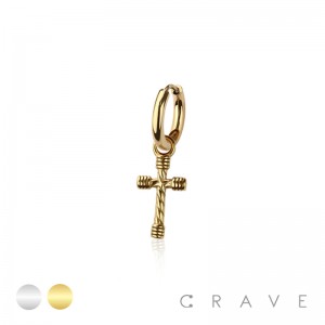 ONE PIECE OF 316 SURGICAL STEEL HUGGIE/HOOP EARRING  WITH HAMMER CROSS