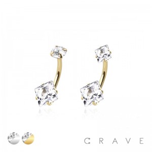 DOUBLE PRONG SET SQUARE CZ 316L SURGICAL STEEL NON DANGLE BELLY RING