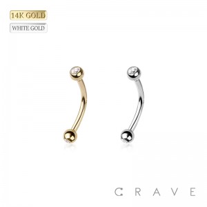 14Kt GOLD INTERNALLY THREADED CURVED BARBELL/EYEBROW WITH PRESS FIT GEM