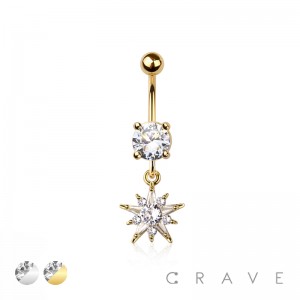316L SURGICAL STEEL MULTI CZ STAR SUN BURST DANGLE BELLY BUTTON NAVEL RING 