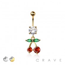 316L SURGICAL STEEL MULTI CZ CHERRY DANGLE BELLY BUTTON NAVEL RING 