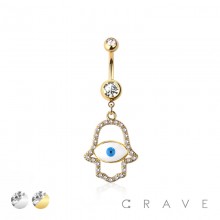 316L SURGICAL STEEL HAMSA HAND EVIL EYE MULTI CZ DANGLE BELLY BUTTON NAVEL RING 