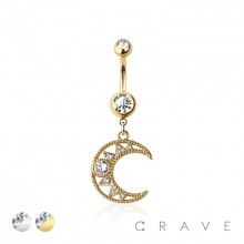 316L SURGICAL STEEL CRESCENT MOON MULTI CZ DANGLE BELLY BUTTON NAVEL RING 