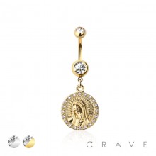 316L SURGICAL STEEL MULTI CZ  LADY OF GUADALUPE MEDALLION DANGLE BELLY BUTTON NAVEL RING 