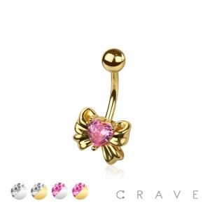 316L SURGICAL STEEL CZ HEART RIBBON NON DANGLE BELLY BUTTON NAVEL RING 