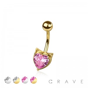 316L SURGICAL STEEL CZ CAT HEART NON DANGLE BELLY BUTTON NAVEL RING 