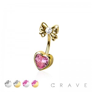316L SURGICAL STEEL CZ HEART RIBBON TOP NON DANGLE BELLY BUTTON NAVEL RING 