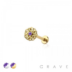 GOLDEN ORNAMENT FLOWER WITH GEM CZ THREADLESS (PUSH IN) TOP 316L SURGICAL STEEL LABRET SET