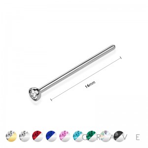 316L SURGICAL STEEL NOSE 15MM STRAIGHT FISHTAIL PIN WITH GEM