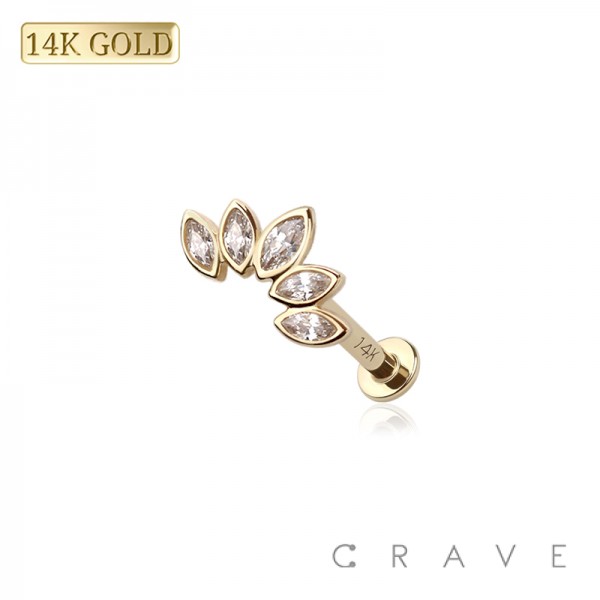 14K GOLD THREADLESS (PUSH IN) PUSH IN FIVE MARQUISE GEM CLUSTER CZ TOP LABRET SET