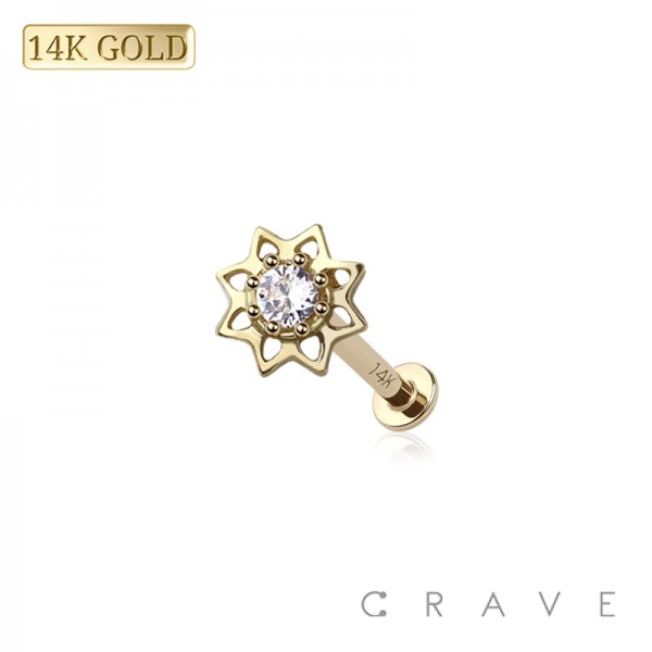 14K GOLD THREADLESS (PUSH IN) SOLITAIRE GEM FLOWER CZ TOP LABRET SET