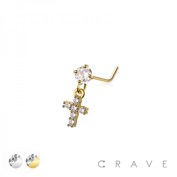 CROSS DANGLE CZ CHAIN 316L SURGICAL STEEL L-SHAPE NOSE RING