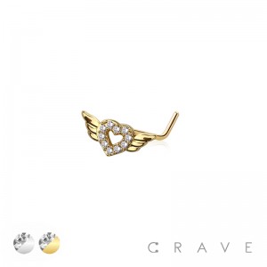 WINGED HEART CZ 316L SURGICAL STEEL L-SHAPE NOSE RING