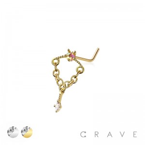 STAR CENTER DANGLE CHAIN MARQUISE CZ 316L SURGICAL STEEL L-SHAPE NOSE RING