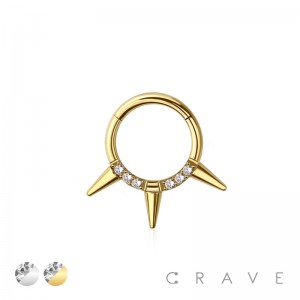 316L SURGICAL STEEL MULTI CZ TRIPLE SPIKE SEPTUM HINGED SEGMENT HOOP RING
