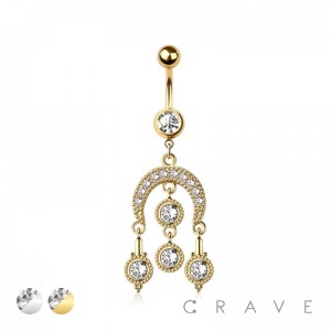316L SURGICAL STEEL CRESCENT MOON MULTI CZ DANGLE BELLY BUTTON NAVEL RING 