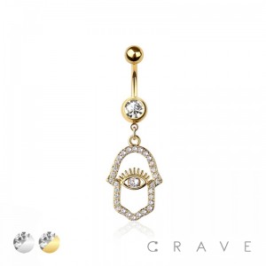 316L SURGICAL STEEL HAMSA HAND EYE MULTI CZ DANGLE BELLY BUTTON NAVEL RING 