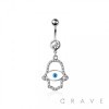 316L SURGICAL STEEL HAMSA HAND EVIL EYE MULTI CZ DANGLE BELLY BUTTON NAVEL RING 