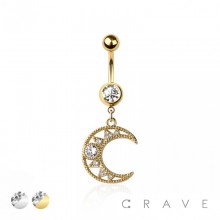 316L SURGICAL STEEL CRESCENT MOON MULTI CZ DANGLE BELLY BUTTON NAVEL RING 