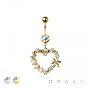 316L SURGICAL STEEL MULTI CZ HEART WREATH DANGLE BELLY BUTTON NAVEL RING 