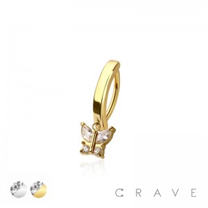 316L SURGICAL STEEL BUTTERFLY CZ RAIL CLICKER BELLY RING