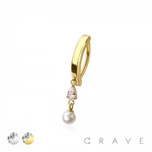 316L SURGICAL STEEL SYNTHETIC PEARL TEARDROP CZ RAIL CLICKER BELLY RING