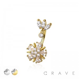 316L SURGICAL STEEL MULTI CZ MARQUISE FAN TOP BEZEL NON DANGLE MULTI CZ FLOWER BELLY BUTTON NAVEL RING 