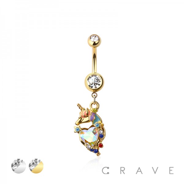 316L SURGICAL STEEL MULTI CZ UNICORN DANGLE BELLY BUTTON NAVEL RING 