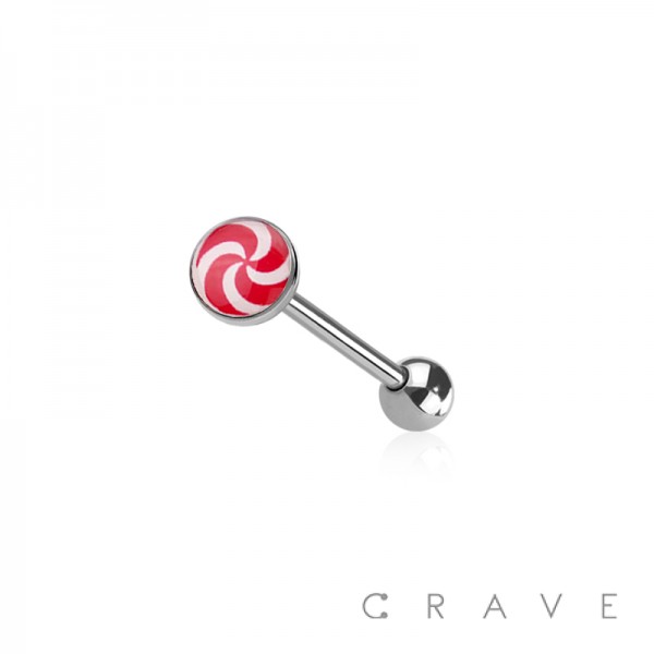EPOXY ACRYLIC HOLIDAY PEPPERMINT CANDY 316L SURGICAL STEEL TONGUE BARBELL