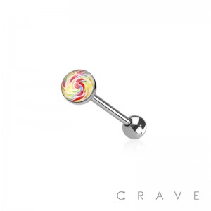 EPOXY ACRYLIC RAINBOW SWIRL LOLLIPOP 316L SURGICAL STEEL TONGUE BARBELL