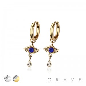 PAIR OF 316L STAINLESS STEEL HUGGIE/HOOP EVIL EYE TEAR DROP DANGLE EARRINGS