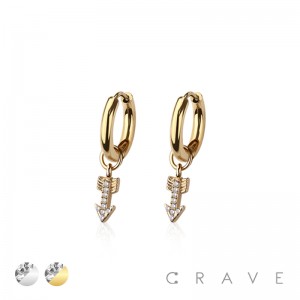 PAIR OF 316L STAINLESS STEEL HUGGIE/HOOP CZ PAVED ARROW DANGLE EARRINGS