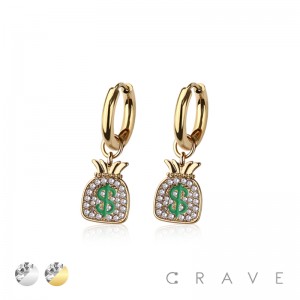 PAIR OF 316L STAINLESS STEEL HUGGIE/HOOP CZ PAVED MONEY BAG DANGLE EARRINGS