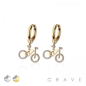 PAIR OF 316L STAINLESS STEEL HUGGIE/HOOP CZ PAVED BICYCLE DANGLE EARRINGS